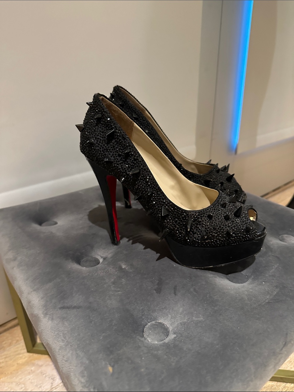 Black Spike Embellished Peep-Toe Platform Heels